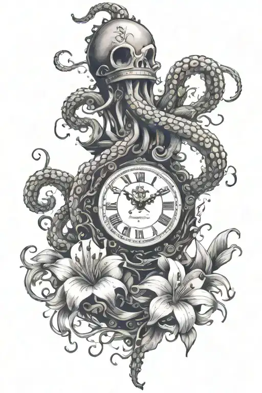 Kraken Breaking Out Of Clock Surrounded By A Lily Of The Valley