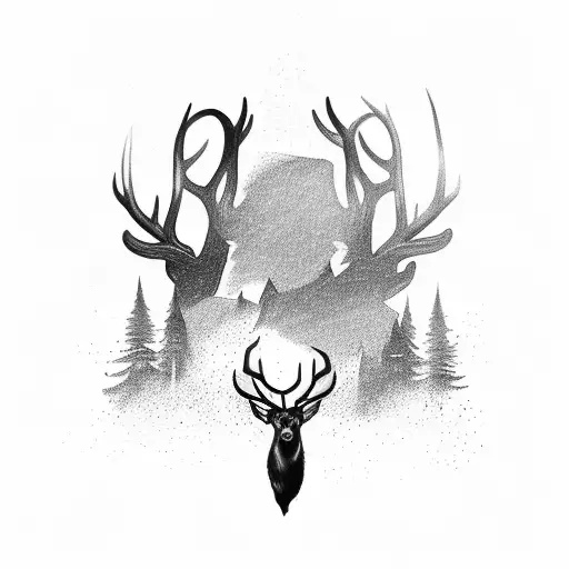 A Silhouette Of A Hunter Aiming At A Majestic Buck In A Forest
