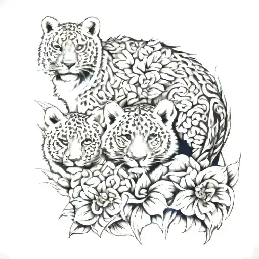 3 Cubs & It's Mother With Flowers