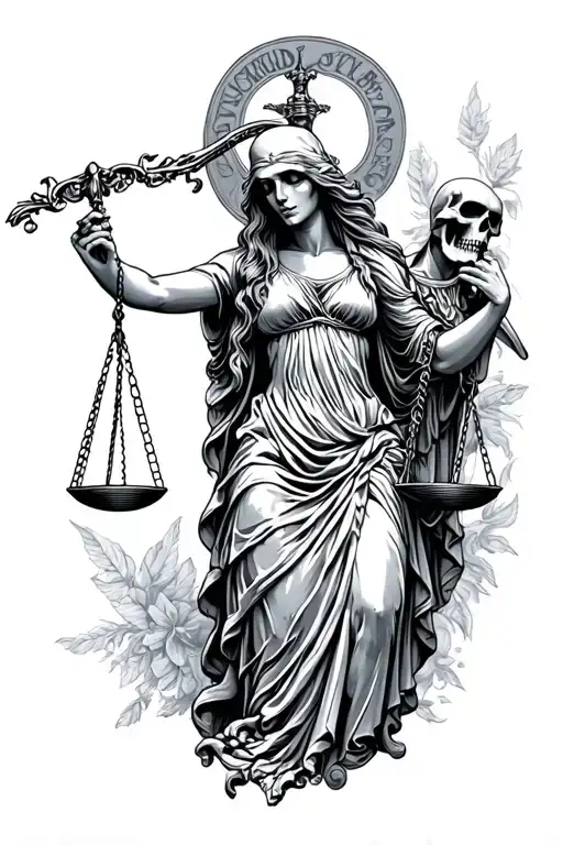 Lady Justice Holdimg Scales With The Grim Reaper