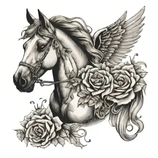 Horse With Wings Surrounded With Butterflies And Roses