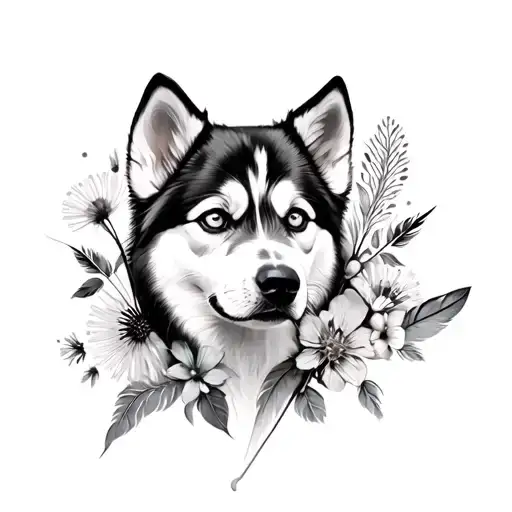 Dandelions And Husky Dog And Feather And Rabbit And Flowers Tattoo Sleeve