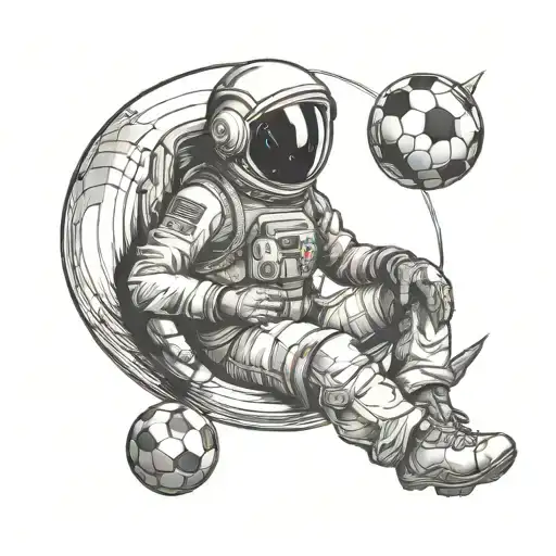 Boy Astronaut Sitting On A Crescent With A Soccer Ball