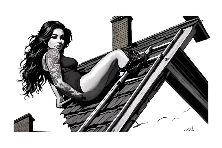 Female On Top Of Roof With Ladder