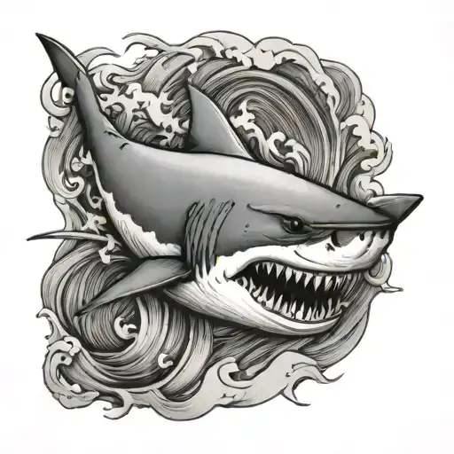 Great White Shark With Waves Surrounding It