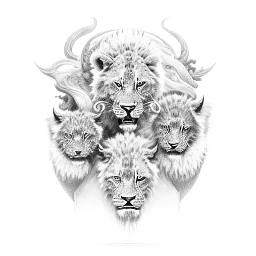 A Black And Grey Portrait Of A Lyon Adult With Two Baby Lyons