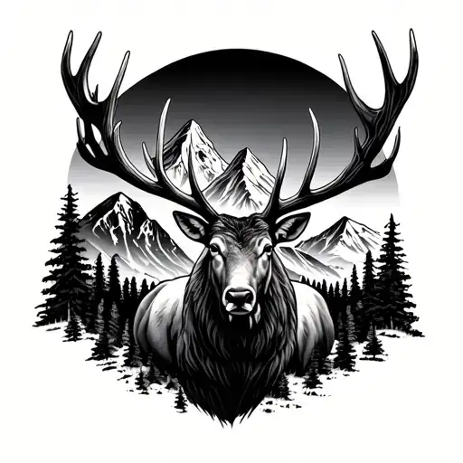 Elk Stag Infront Of A Mountain