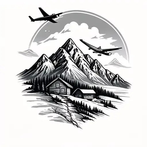 Mountain Scene With Airplane And Cabin