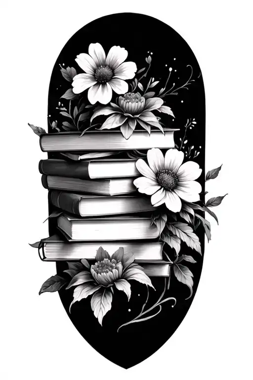 Stack Of Books Behind A Half Sleeve Of Flowers