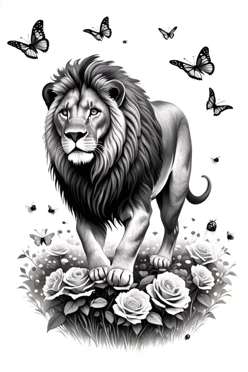 Lion Walking In Rose Flower Field With Butterflies And Lady Bugs