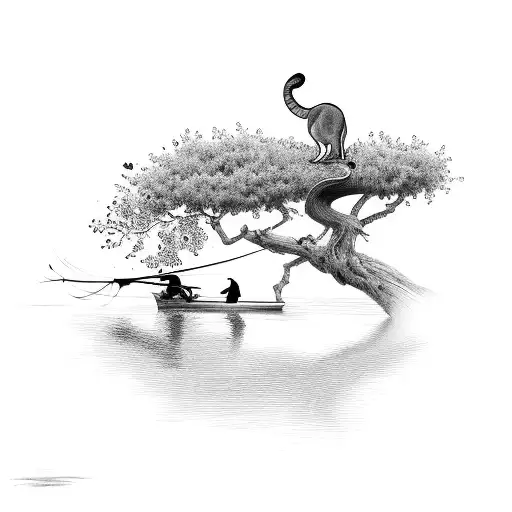 A Serene Fishing Scene With A Cat Perched On A Tree Branch Overlooking The Water