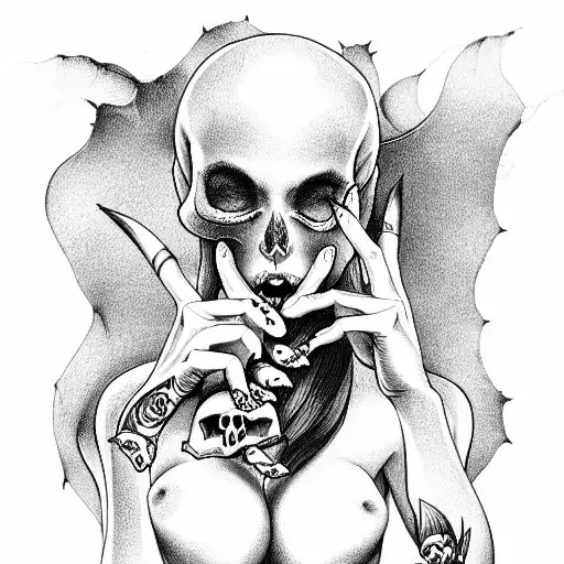 Detailed Awesome Sexy Succubus Holding A Skull And An Apple In Her Hand