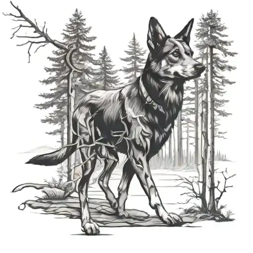 Dog With Trees Walking In The Woods