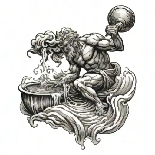 Aquarius God Pouring Water Into Lake With Mountain Background