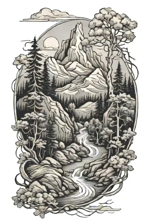 Mountain River Flowing Trees Detailed