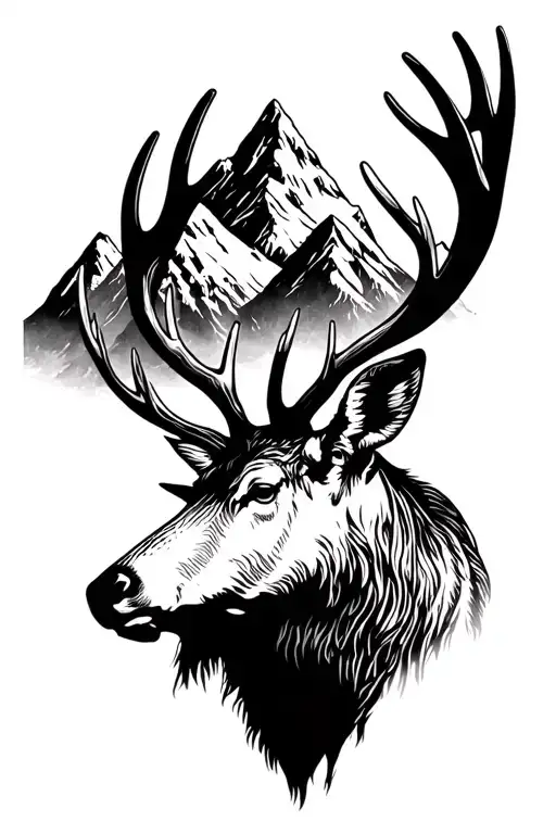 Elk Stag Silhouette In Front Of A Mountain Range