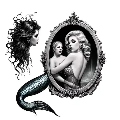 Pin Up Style Mermaid Looking Into Mirror With Evil Siren Reflection