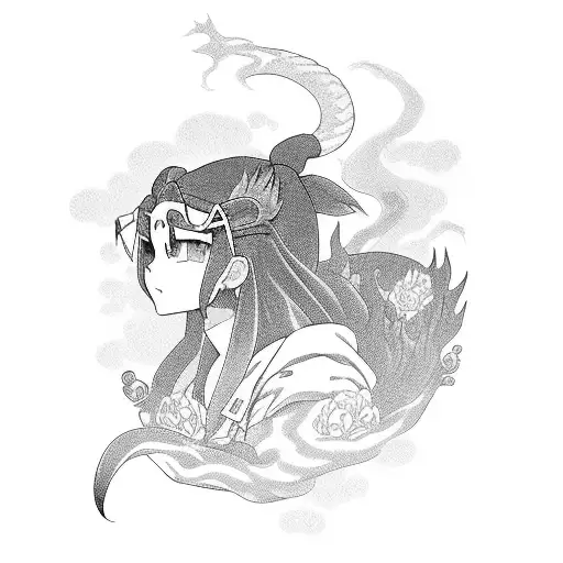 Nezuko In Demon Slayer With Dragon And Flowers