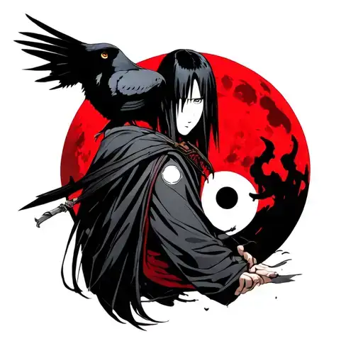 Itachi With Red Moon And Crow With Him Using Sharingan