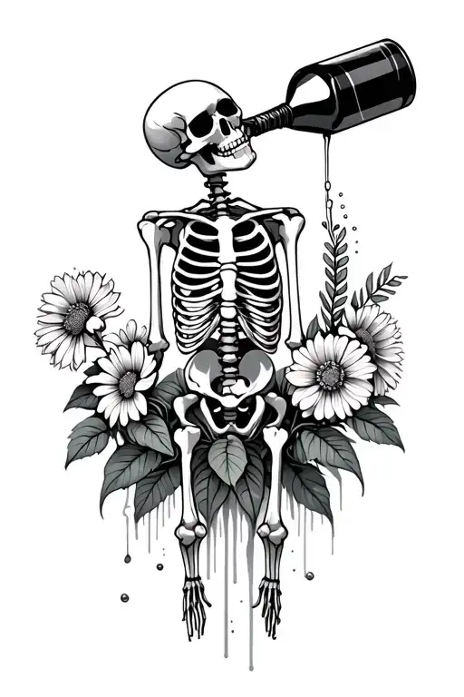 Standing Skeleton Pouring Out Bottle Onto Growing Flowers