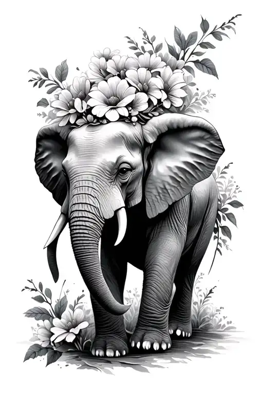 Elephant Walking With Flowers Surrounding