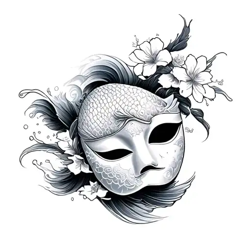 Hanya Mask With Koi Fish With Waves With Cherry Blossom