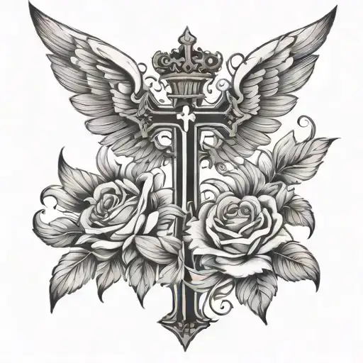 Christian Cross With Wings And Flowers And Crown