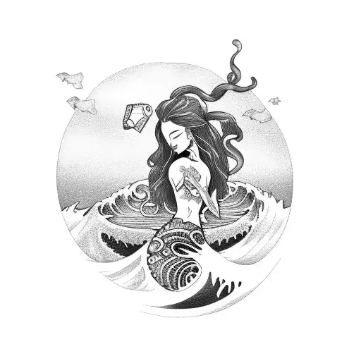 Tattooed Mermaid Holding A Message In A Bottle With Island Inside On Top Of A Japanese Wave