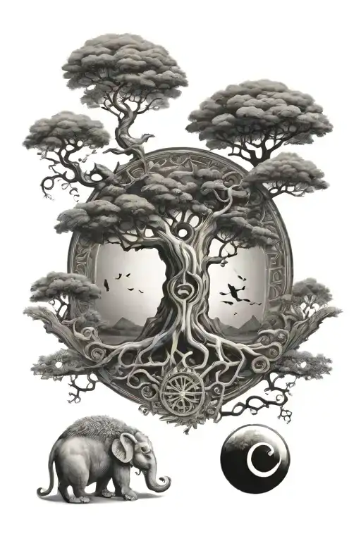 Tree Of Life With Tao Symbol At Base Planets In Crown And Monkeys And Other Animals Along The Tree