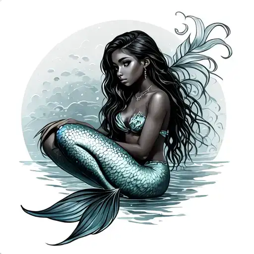 Black Girl Mermaid With Straight Hair Sitting