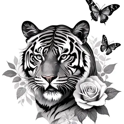 Tiger And Roses With Butterflies