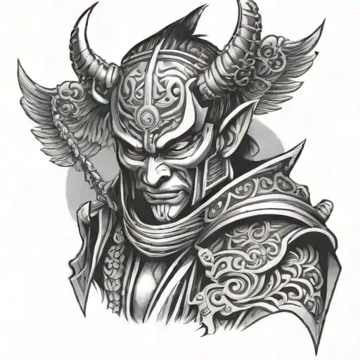 Samurai With A Busted Oni Mask And Devil Wings