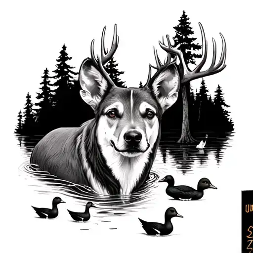 Dog With Deer And Ducks And Trees