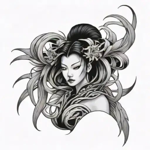 Samurai Woman Medusa Style Design Spider Lily Tattoo Design