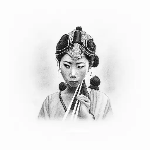 An Elegant Black And Grey Portrait Of A Female Musician Playing A Traditional Asian Instrument