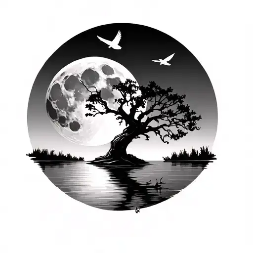 Moon Lit Lake With Oak Tree And Dove Flying