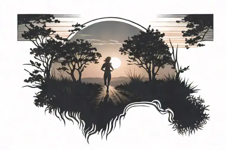 Sunset On Left And Sunrise On Right With A Woman Running On Trails Towards Right In The Middle