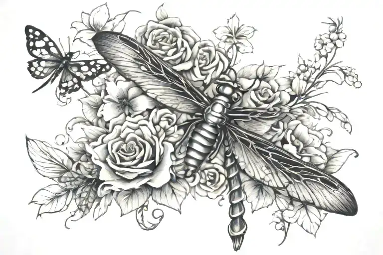 Cross Tattoo Surrounded By Dragonfly And Flowers