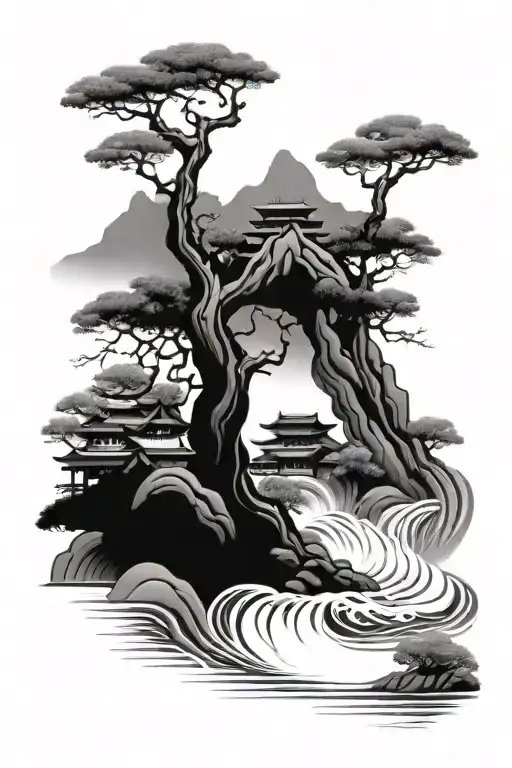 Japanese Style Landscape With Trees And Water Flowing