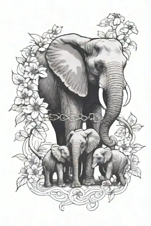 Line Drawn Flowers Intertwined With Elephants Representing Family