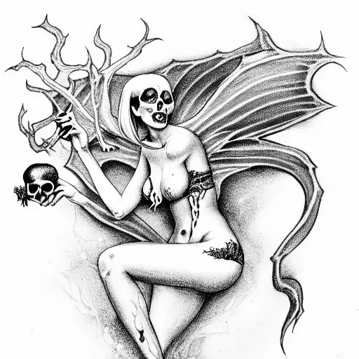 Intimidating Sexy Succubus Holding A Skull And An Apple In Her Hand