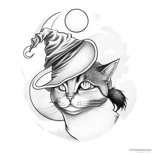Witch With Hat And Cat With The Moon Behind