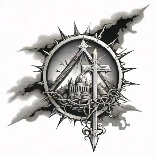 Calvary Hill With Rays Coming Out Or Crosses With The Crown Of Thorns And Three Nails Below