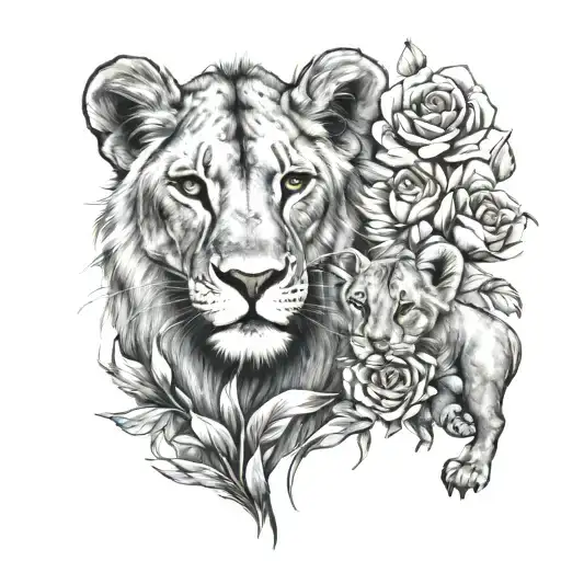 Lioness And Baby Lion With Flowers