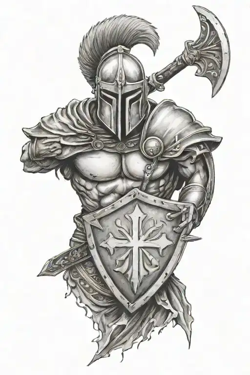 Full Spartan With Shield With A Cross On It And The Words One More Step