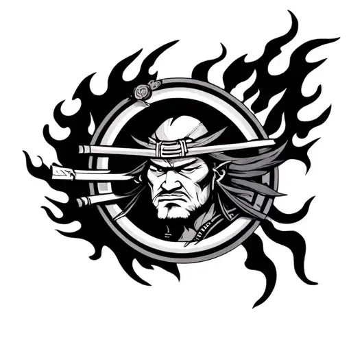 Samurai Head In Circle Shape With Fire