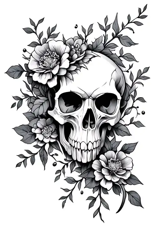 Raven Skull With Vines And Flowers