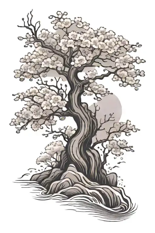 Japanese Sakura Tree And Water