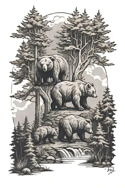 Three Bears On A Forest Landscape