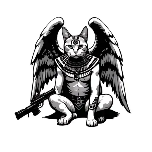 Egypian Cat Sitting Mi Ange Mi Demon Half Angel Whith A Gun On His Leg